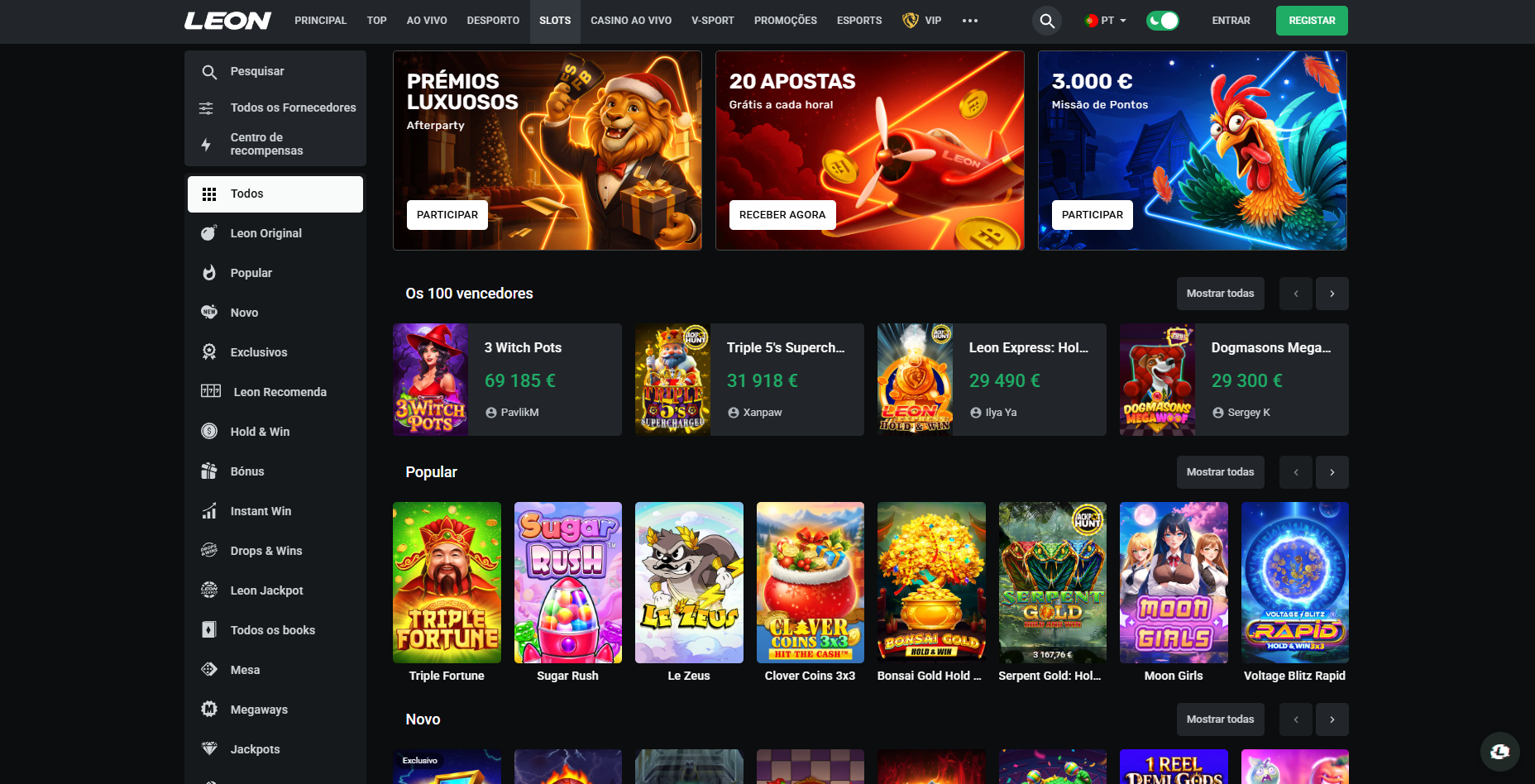 Screenshot real da homepage do LEONBET