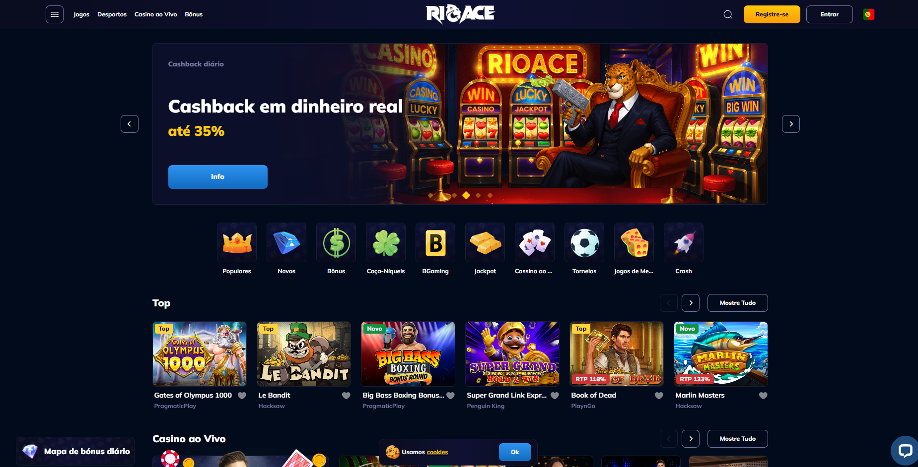 Screenshot real da homepage do rioace