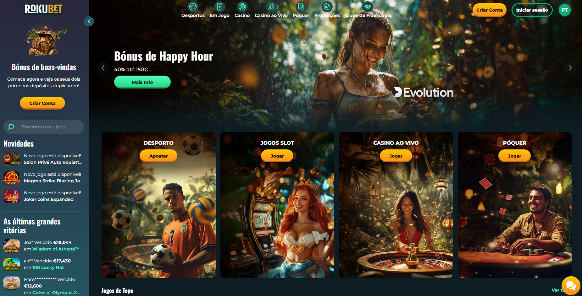 Screenshot real da homepage do ROKUBET